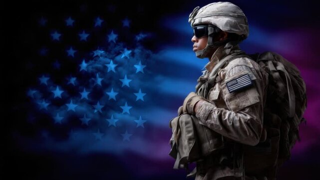 Guardians of Liberty: A solemn soldier stands with unwavering resolve, their silhouette outlined against a vibrant backdrop of the nation's flag, embodying the spirit of patriotism and service.