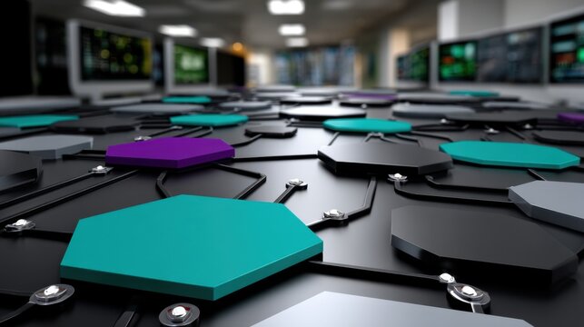 Modern data network infrastructure with interconnected colorful server nodes and multiple monitors in the background