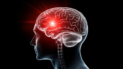 3D Render of Human Brain with Neural Connections and Glowing Sparks on Dark Background