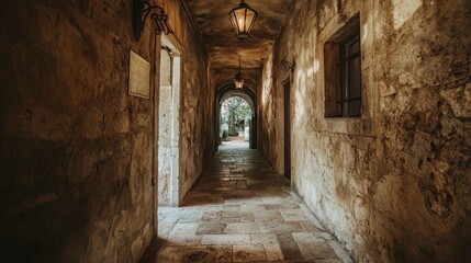 Obraz premium Serene Stone Corridor with Lanterns and Warm Ambient Light