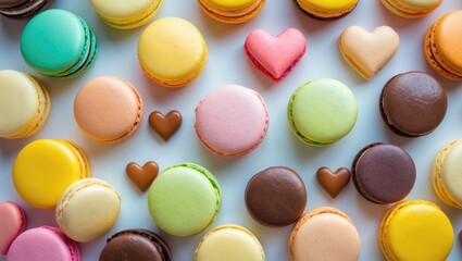 Fototapeta premium Sweet food design element featuring macaroons cake in a flat lay
