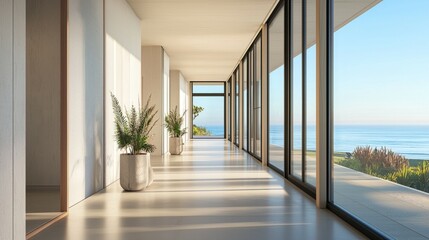 Fototapeta premium Modern Coastal Interior Design with Ocean View and Natural Light