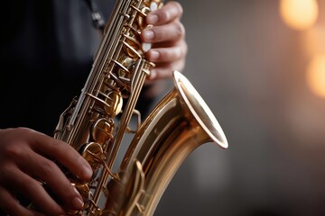 Fototapeta premium Saxophonist playing. close-up of hands holding golden saxophone during musical performance