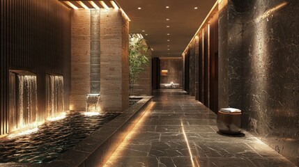 Fototapeta premium Luxurious Spa Corridor with Water Features and Elegant Lighting