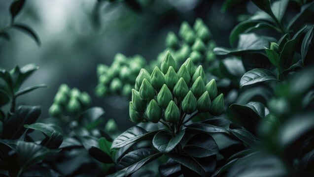 The Lxora plant, called soka flower or bunga jarum, features lush leaves and green flower buds.