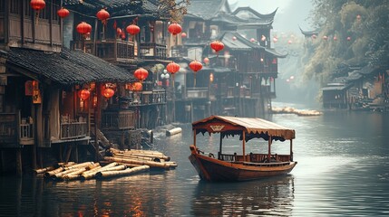 Serene boat journey water town scenic photography tranquil environment wide-angle view cultural exploration