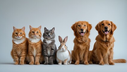 Delightful cats, dogs, and a rabbit in front of a picturesque background