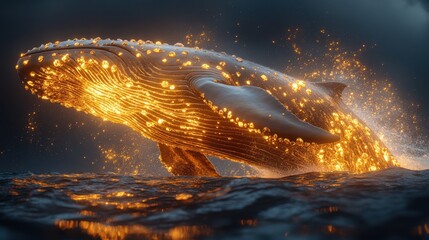 Majestic whale breaching the ocean surface, illuminated by shimmering lights at dusk