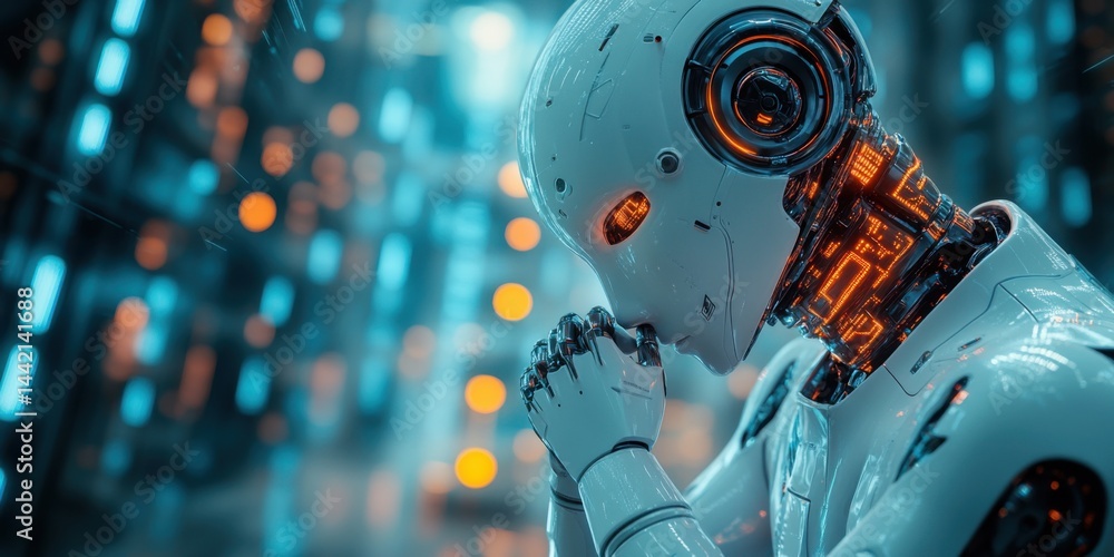 Aufkleber futuristic humanoid robot in a data center deep in thought during a digital age