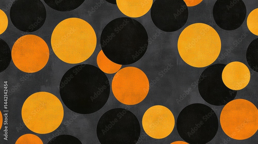 Poster a repeating pattern of black and orange circles on a gray background.