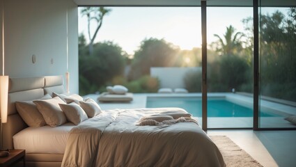 Blurred view of a calming modern bedroom filled with natural light and sophisticated decor, exhibiting spaciousness and a serene vibe.