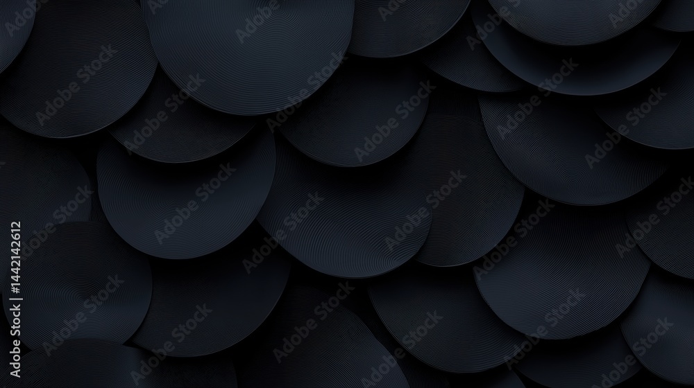 Poster a collection of overlapping black circles with concentric lines, creating a textured and visually in