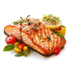 Grilled salmon fillet with lemon and vegetables on a white background