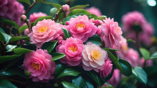 Gorgeous vibrant pink blooms of Camellia