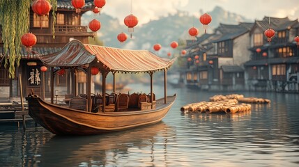 Obraz premium Scenic boat ride traditional water town photography serene environment morning light cultural experience
