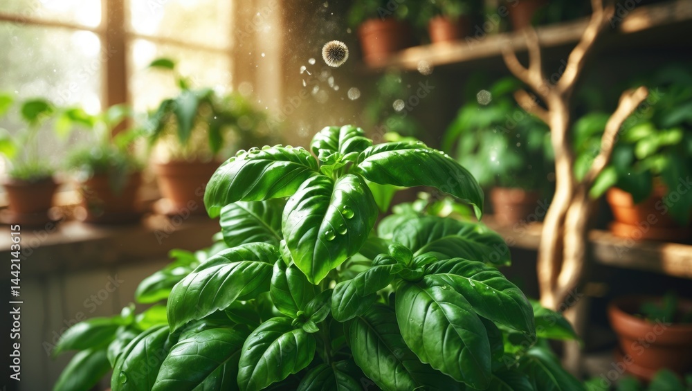 Aufkleber basil in a pot on the windowsill with two small trees close by