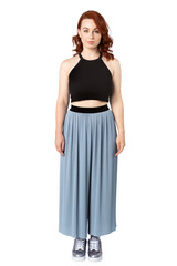 Woman wearing a crop top and skirt pants mockup