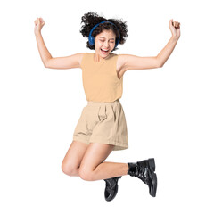 Jumping woman png sticker, listening to music, transparent background