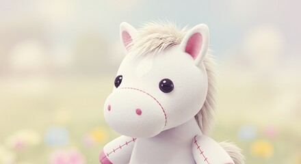 Fototapeta premium Cute Plush Horse Toy Close-up on a Soft Spring Background