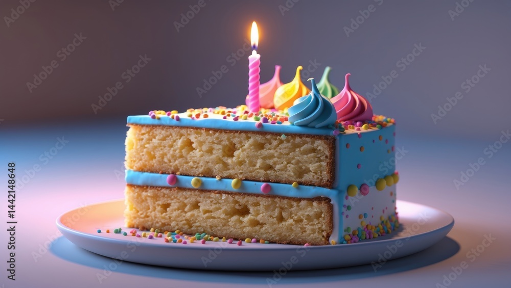 Poster slice of cake adorned with a candle on a multicolored surface