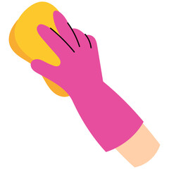 Hand In glove holds cleaning sponge.  Hand wearing a pink rubber glove holding a yellow cleaning sponge, representing cleaning, hygiene, and household chores.
