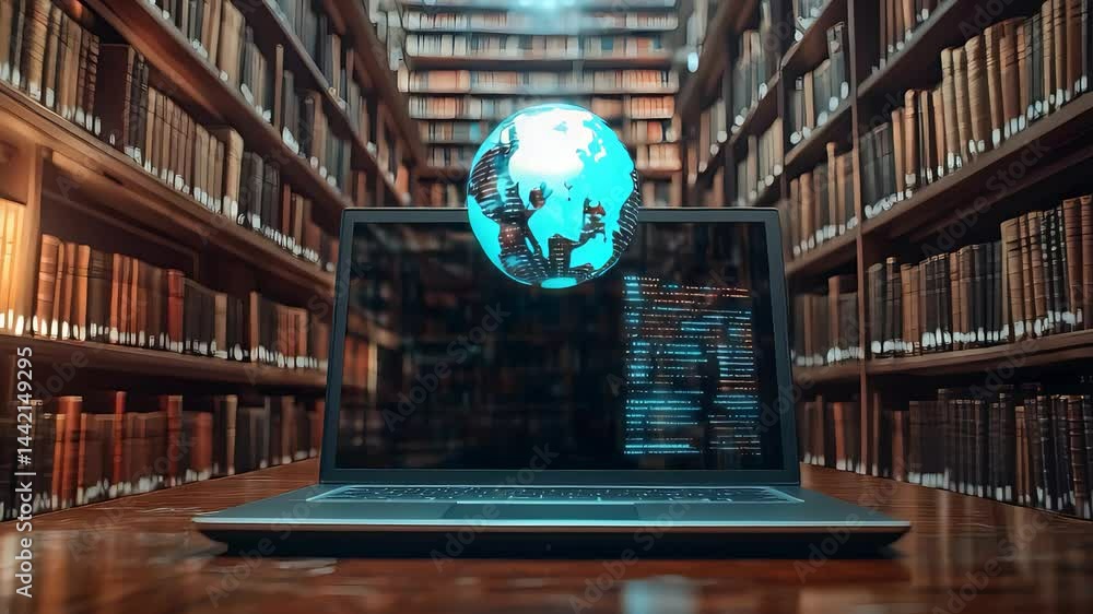 Aufkleber laptop with glowing globe in library showing global information access