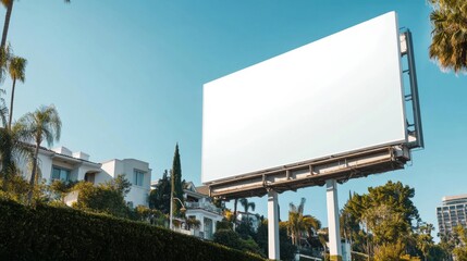 Front view shot, white rectangular horizontal advertising billboard, located in Beverly Hills, daytime, clear sky, luxurious surroundings, mansions in the background, modern urban environment 