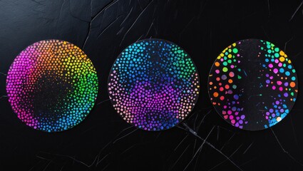 Circular metallic holographic stickers on a scratched black background, adhesive iridescent color foil tapes for your design poster, sticker set.