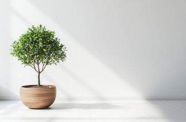 Lush Green Potted Plant in Sunlight, White Room Interior