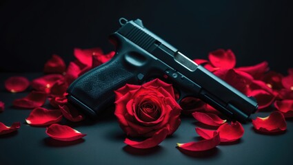 Red rose and gun set against a dark background