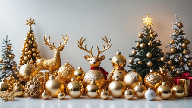 Vast array of golden tree baubles, comprising balls, snowflakes, bells, reindeer, snowman, gift, tip, top, and key isolated on a white surface