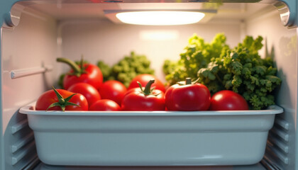 Fresh tomatoes and greens in a refrigerator