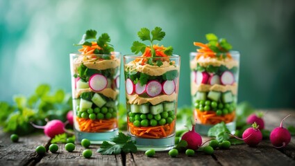 Springtime appetizer featuring raw veggies and hummus