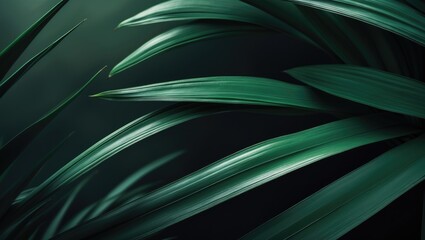 Obraz premium Natural green palm leaf in dark tones amidst rainy season, perfect as a backdrop or wallpaper for design purposes.