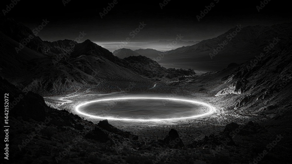 Poster a circular light illuminates a desert landscape, casting a glow on the surrounding mountains and cre