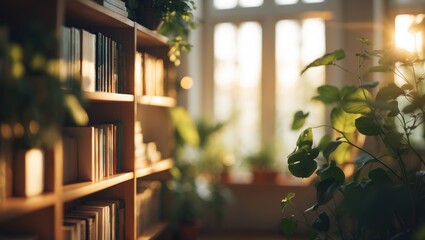 Vague background of a serene indoor atmosphere featuring an elegantly arranged bookshelf stocked with books and plants, glowing with warm, natural light.