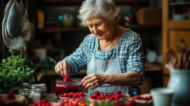 In a warm and inviting kitchen, an elderly woman carefully prepares homemade jam from freshly picked berries. Her joyful focus highlights the love of cooking and preserving flavors - Powered by Adobe