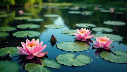 Water lilies forming a natural floral pattern across a still lake, art, macro, water