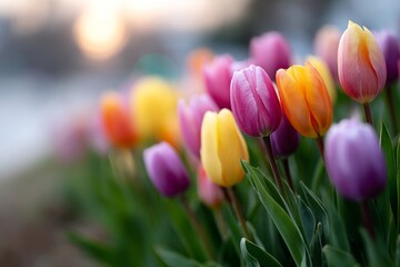 Fototapeta premium A bunch of colorful tulips in a vase on a table