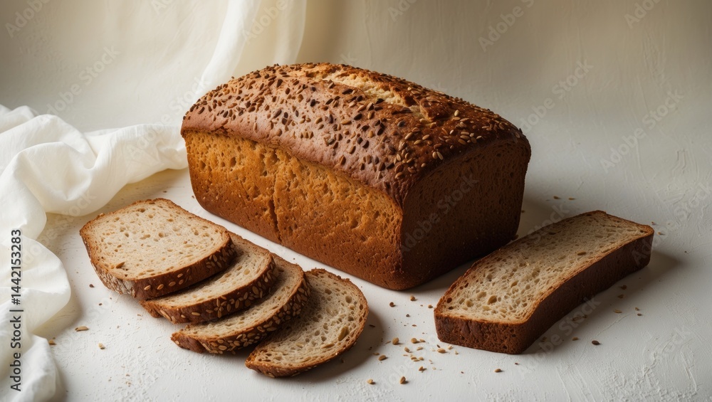Poster top-down view of sliced bread and crumbs isolated on background