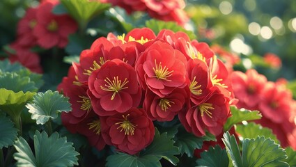 Lovely red wax begonias blossoming in autumn, abstract floral scene, sunny day