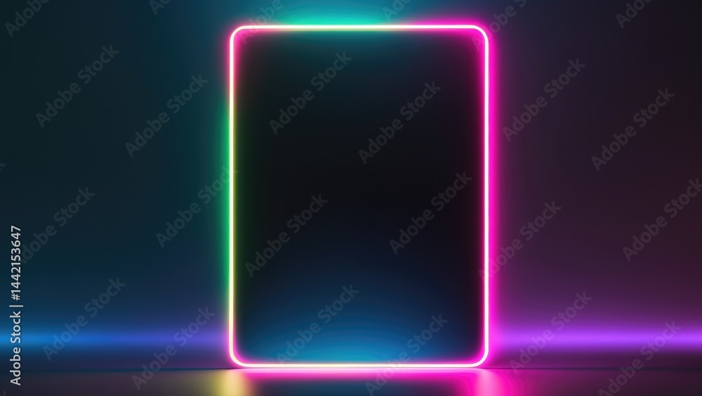 Aufkleber shining frame. neon scenery. fluorescent led square in an empty dark geometric abstract area.