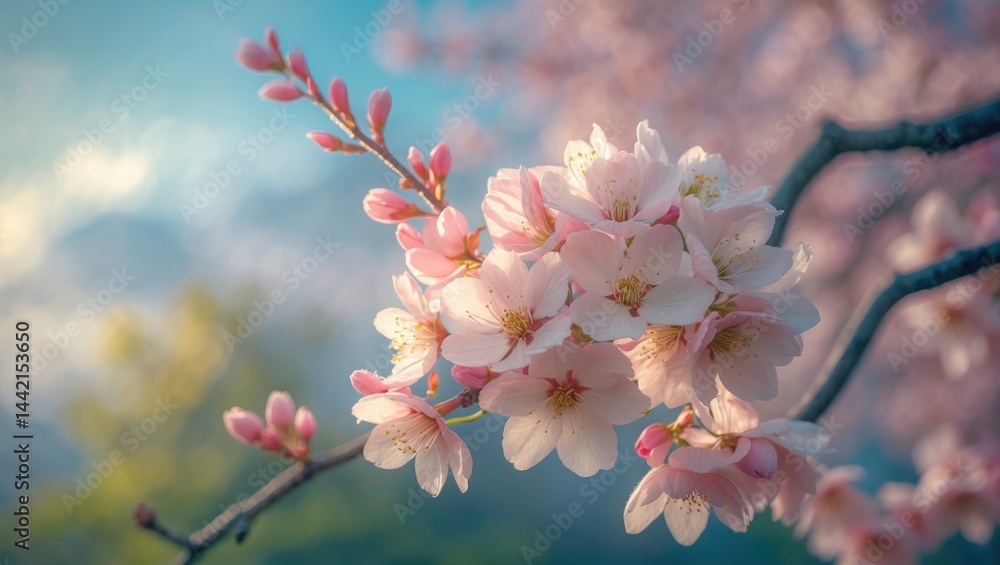 Poster cherry blossoms in full bloom on tree branches exemplify the splendor of spring, with pink flowers r