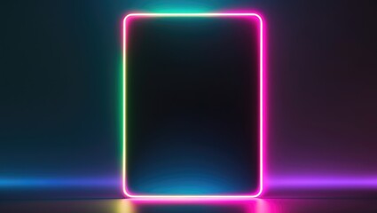 Shining frame. Neon scenery. Fluorescent LED square in an empty dark geometric abstract area.