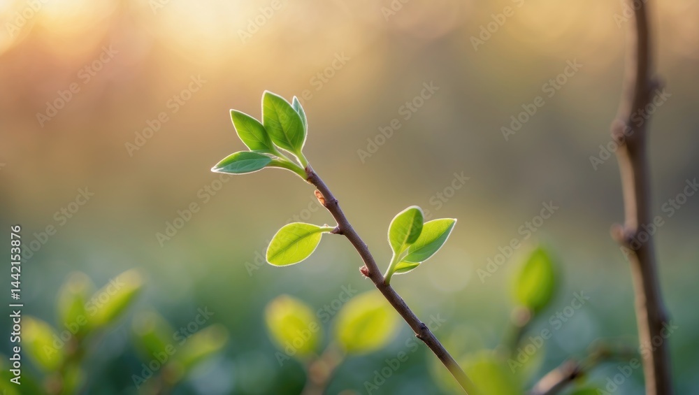 Poster close-up of a green bud in spring using selective focus and shallow depth of field
