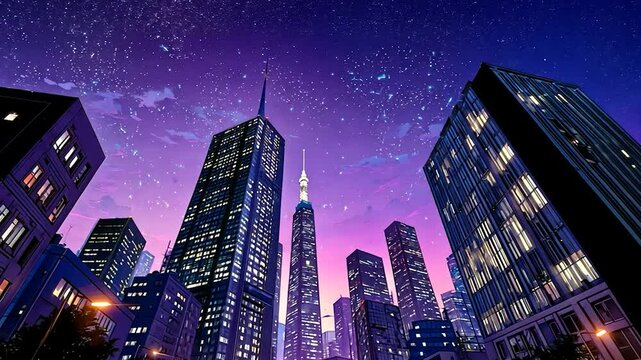 Anime city skyline at dusk. Buildings beneath starry night sky