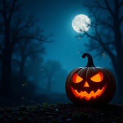 Obraz premium Scary pumpkin in moonlight on eerie Halloween night, evil, pumpkin patch, spooky