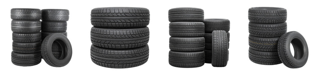 Obraz premium Black Tires and Tire Stacks PNG Set with Transparent Background