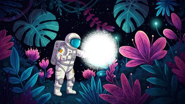 Astronaut clipart of a space explorer glowing in magical jungle with alien plants