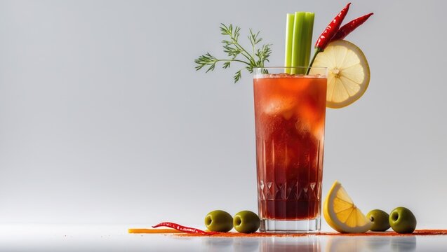 White backdrop featuring a glass cocktail of vodka and tomato juice with a spicy snack on a cocktail stick. - Powered by Adobe